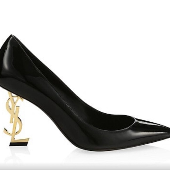 Saint Laurent Black Patent Heels with Gold Accent - Picture 2 of 10